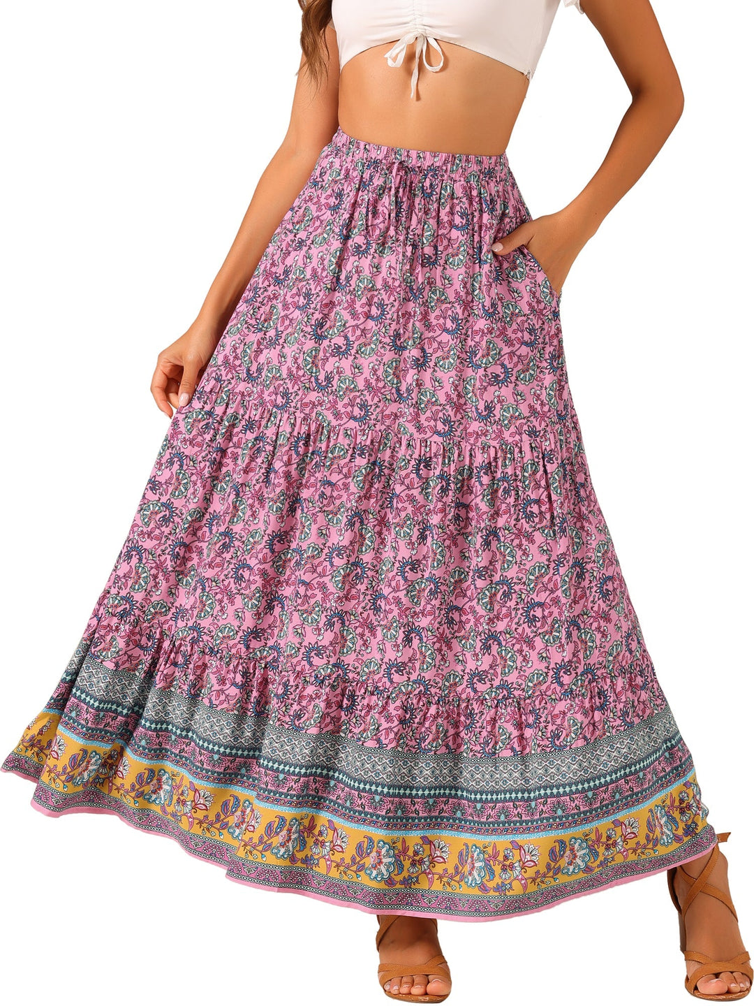 Women's fashion high waist printed maxi skirt, featuring a sophisticated flowing slit.