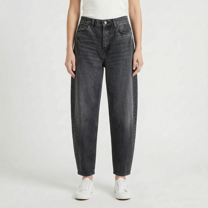 Soft denim alternative high-waist barrel-leg jeans for women. Relaxed, ankle-length fit ensures all-day casual comfort.