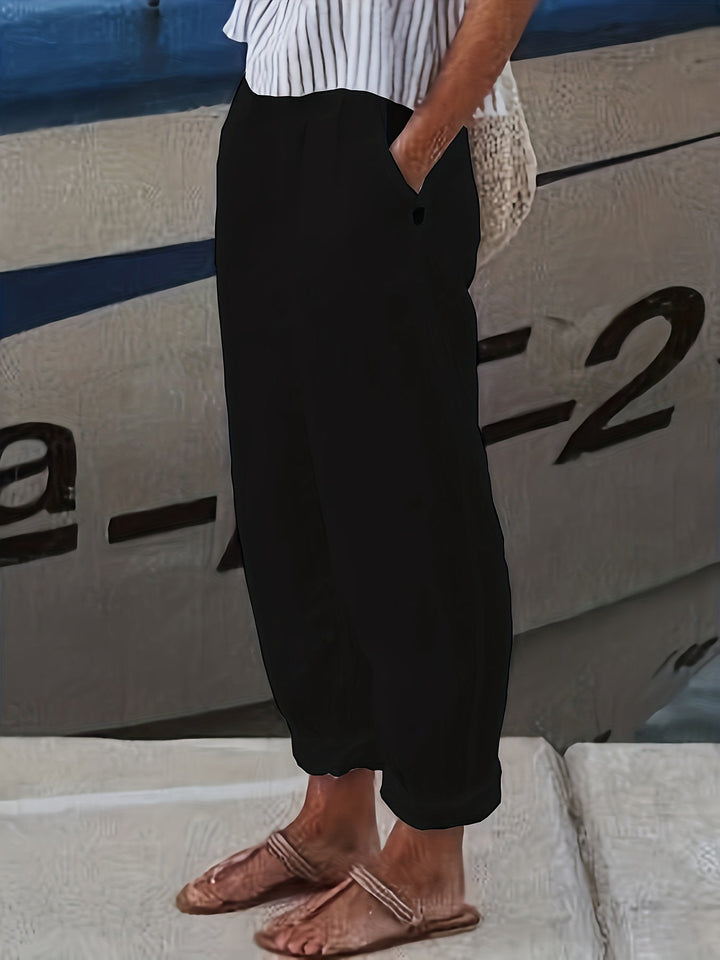 Casual everyday high waist women's pants, relaxed fit with roll hem, great for comfortable summer style.