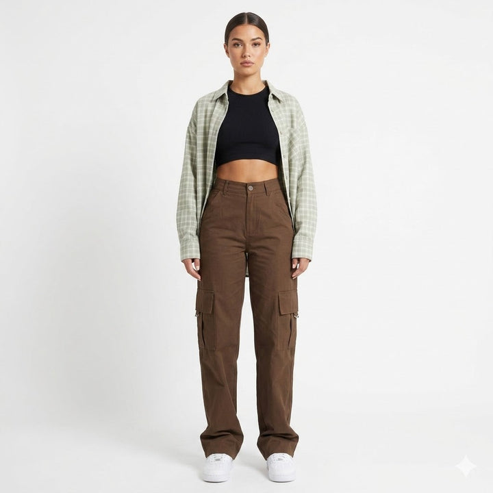 Women's high-waist wide-leg cargo pants in a relaxed fit for effortless street style.