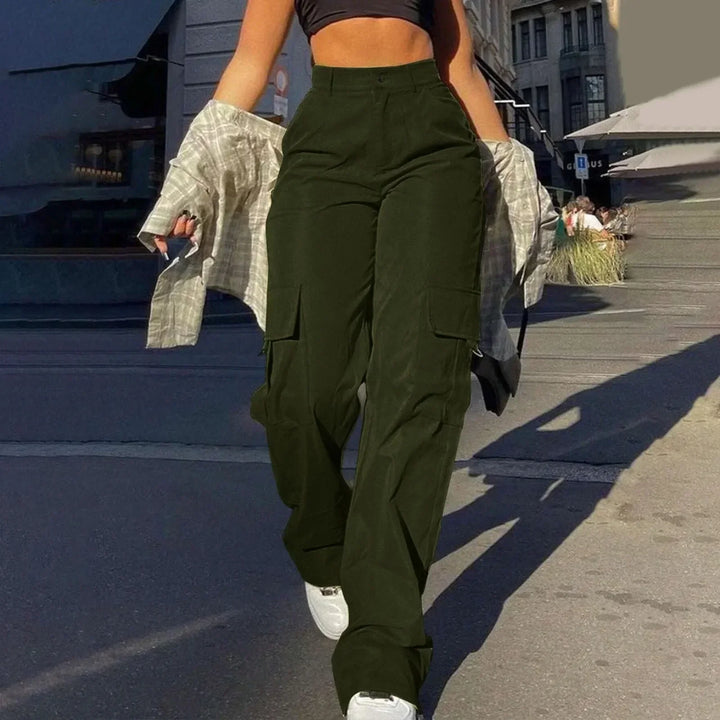 Modern women's wide-leg cargo pants with a high waist, combining utility and fashion effortlessly.