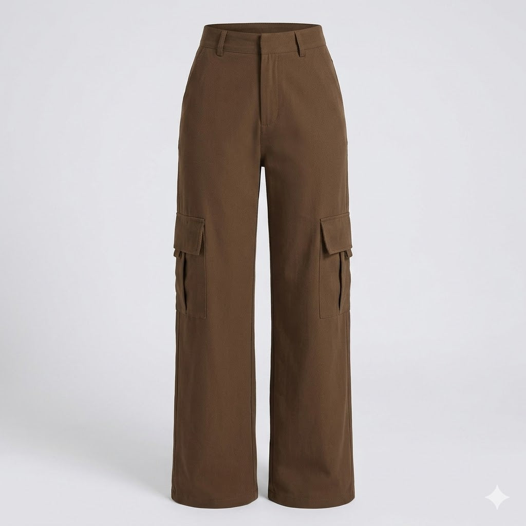 Stylish women's wide-leg cargo pants with a high waist, perfect for casual streetwear.
