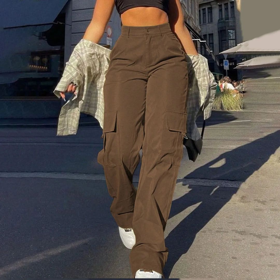 Comfortable utility cargo pants for women, featuring a high-waist and trendy wide-leg design.