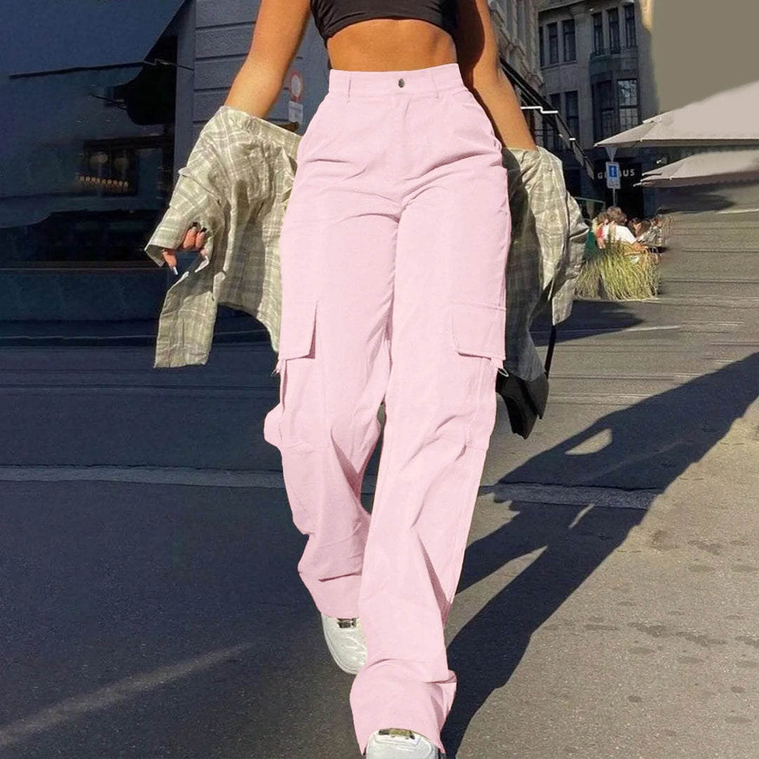 Versatile women's high-waist wide-leg cargo pants, great for casual or utility fashion.