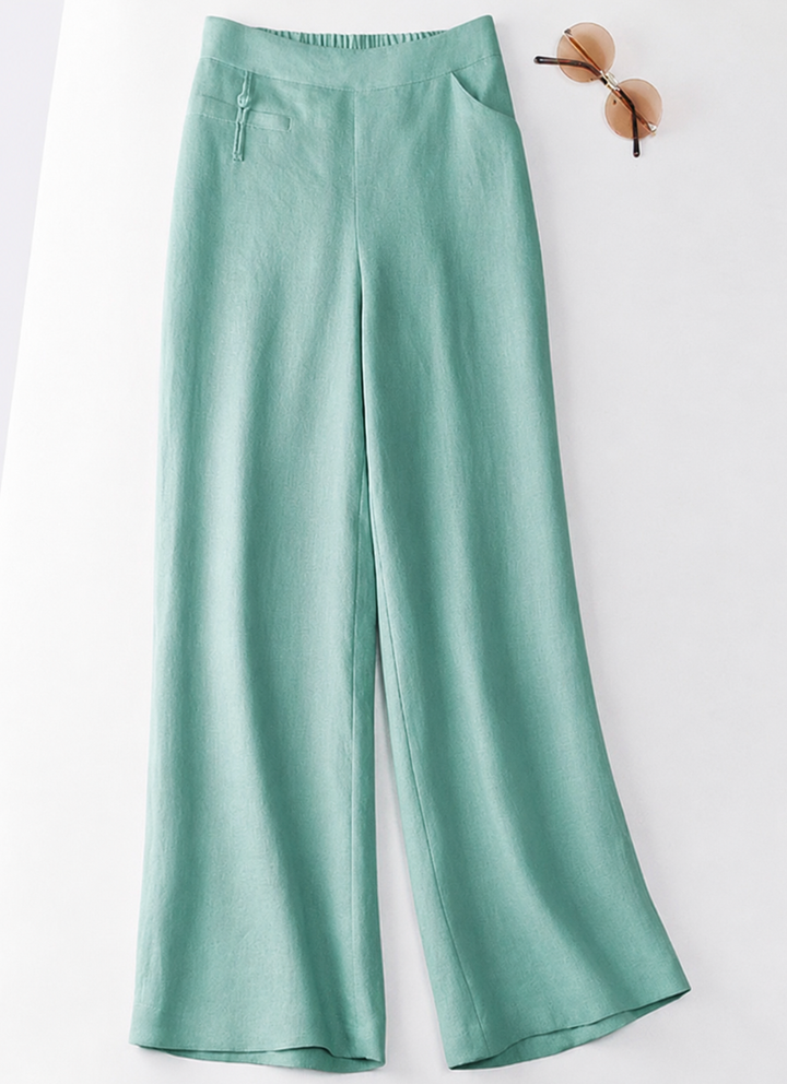 Women's high-waist wide-leg pants in a relaxed fit, featuring an elastic waist & button front for chic casual comfort.