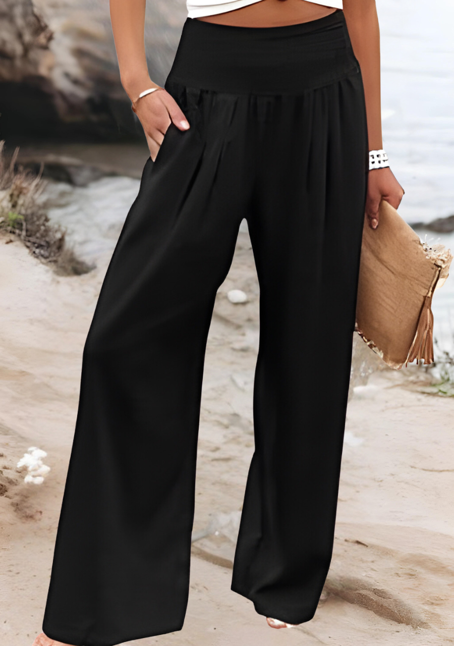 Comfortable women's wide leg pants with smocked high waist, ideal for everyday wear, vacation, or effortless style.