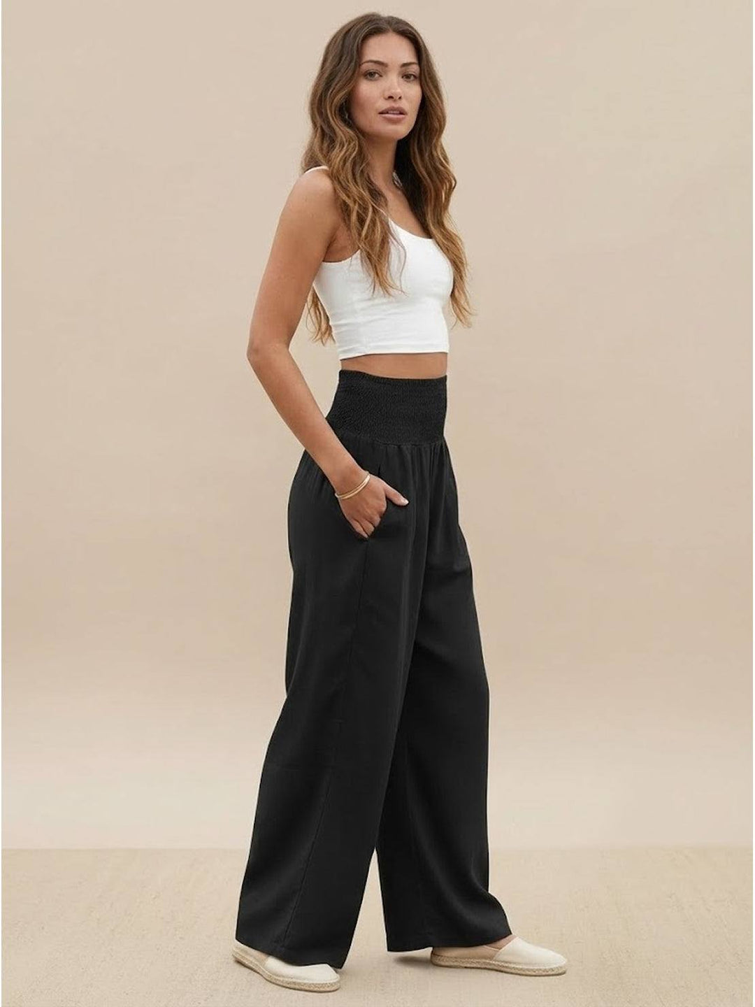 High waist wide leg smocked trousers, women's versatile relaxed fit for day or night.