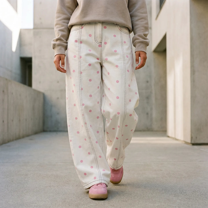Women's high-waisted barrel pants with a stylish dotted print & loose, comfortable fit.