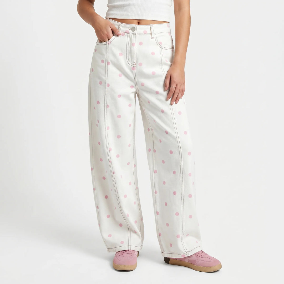 Trendy women's dotted barrel pants, high-waisted for a loose, comfortable spring & summer casual look.