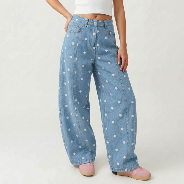 Dotted print high-waisted barrel pants for women, offering a trendy loose fit & comfortable casual style.