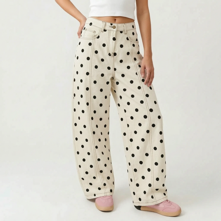 Versatile women's barrel pants, high-waisted with a dotted print, ideal for trendy spring & summer outfits.