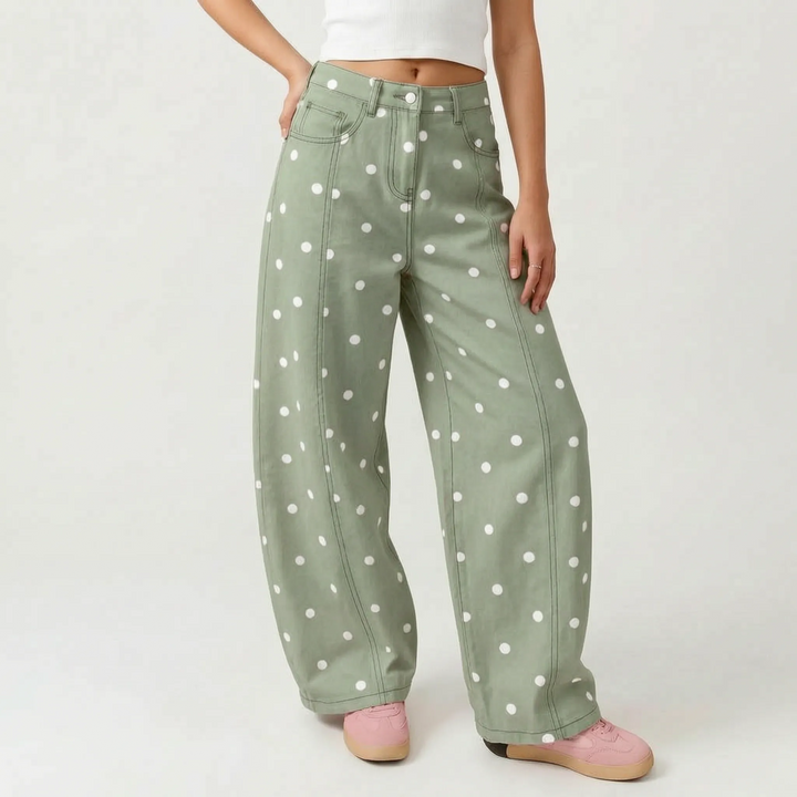 Women's loose-fit high-waisted barrel pants in a comfortable fabric, adorned with a playful dotted print.