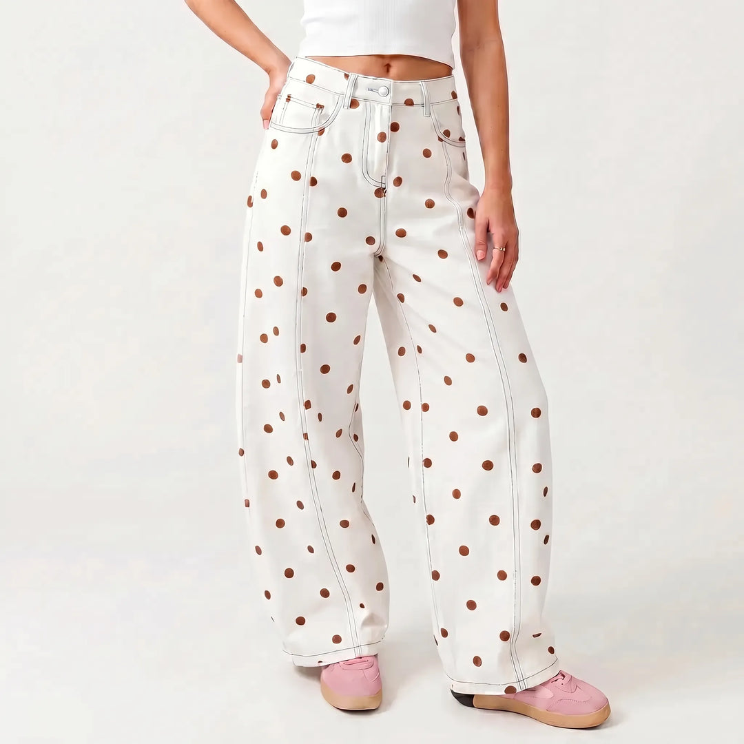 Fashionable women's high-waisted barrel pants, featuring a unique dotted design & relaxed fit for casual wear.