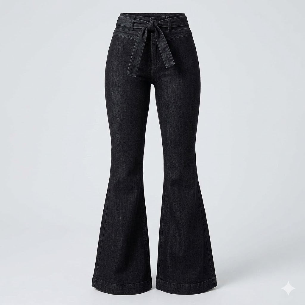 Dark blue women's high-waisted flare jeans. Sculpting silhouette, ideal for versatile casual & modern fashion.