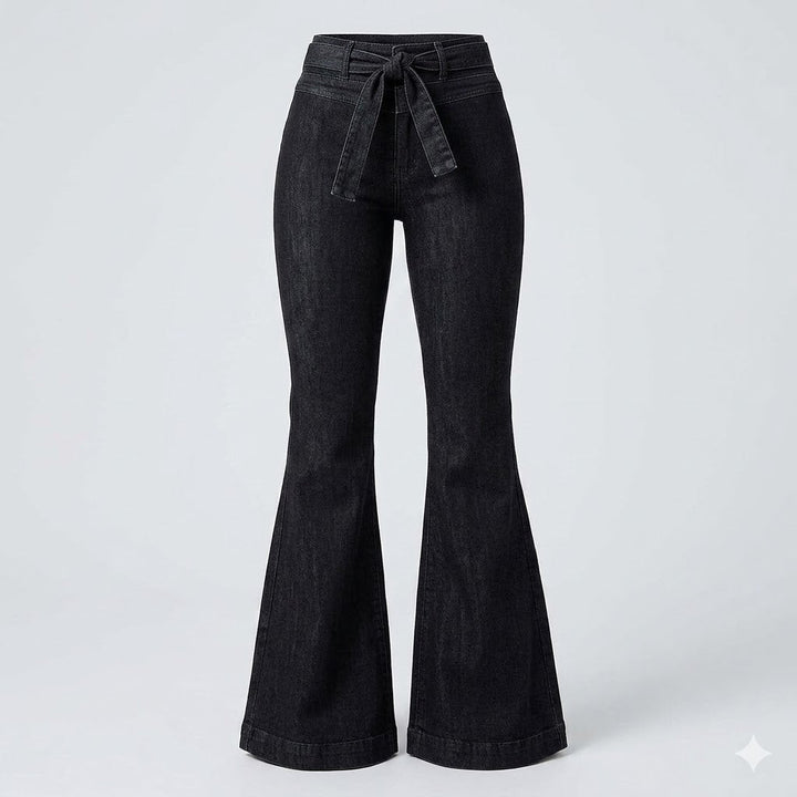 Dark blue women's high-waisted flare jeans. Sculpting silhouette, ideal for versatile casual & modern fashion.