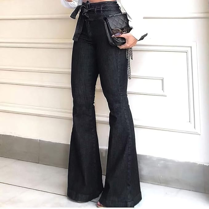 Black high-waisted flare jeans for women. Sculpting fit enhances silhouette, great for casual or elegant looks.