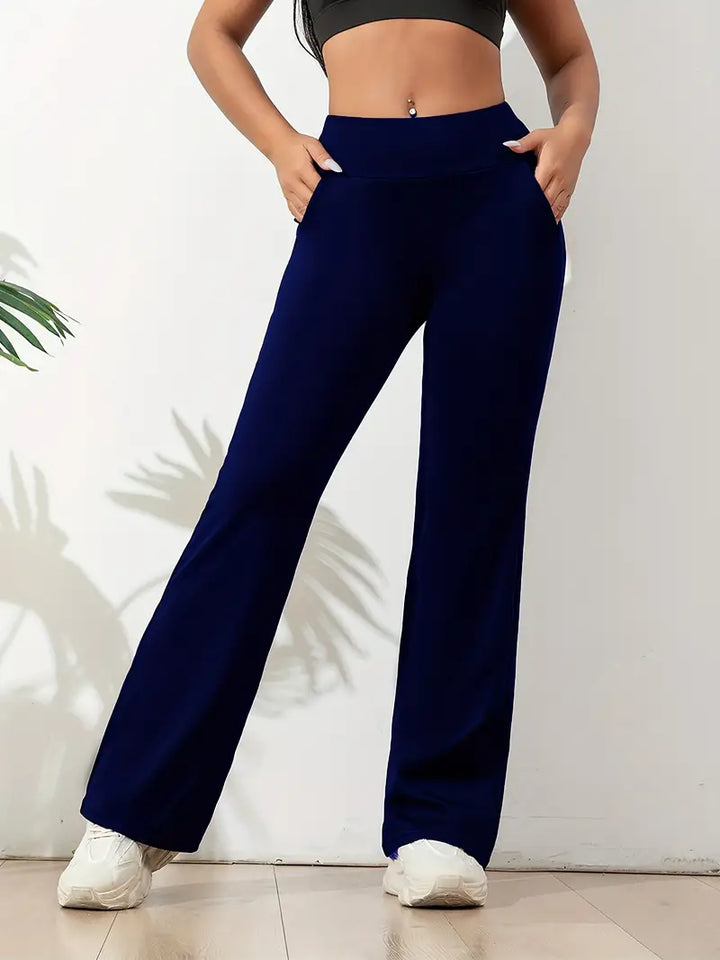 Stylish women's high-waisted flared workout pants, ideal for activewear, lounge or casual fashion.