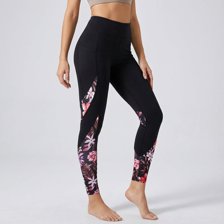 Comfortable stretch women's high-waisted fitness leggings with a delicate floral design for peak performance.