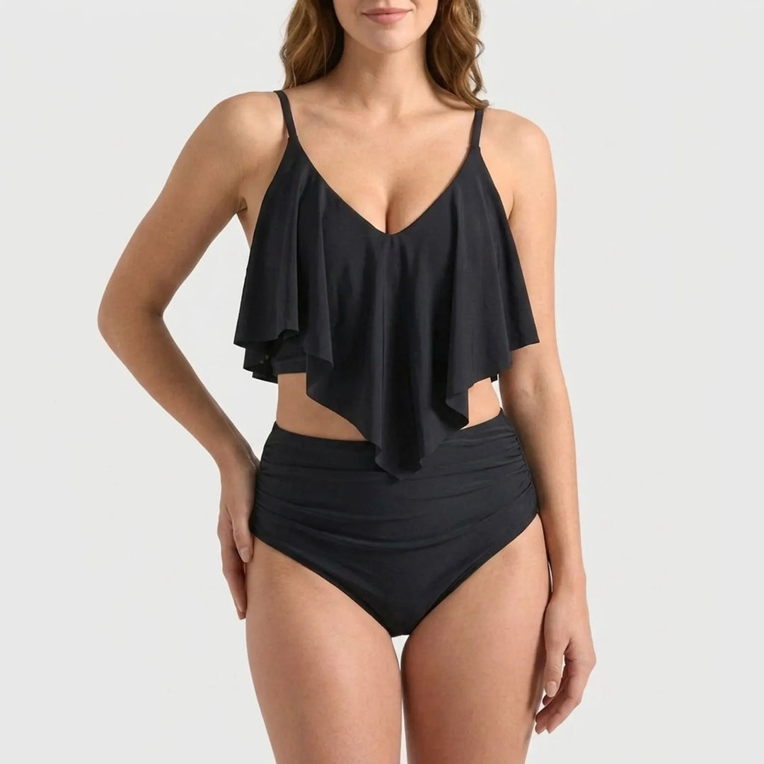 Stylish women's high-waist ruffle bikini set, perfect swimwear for pool or beach vacation.