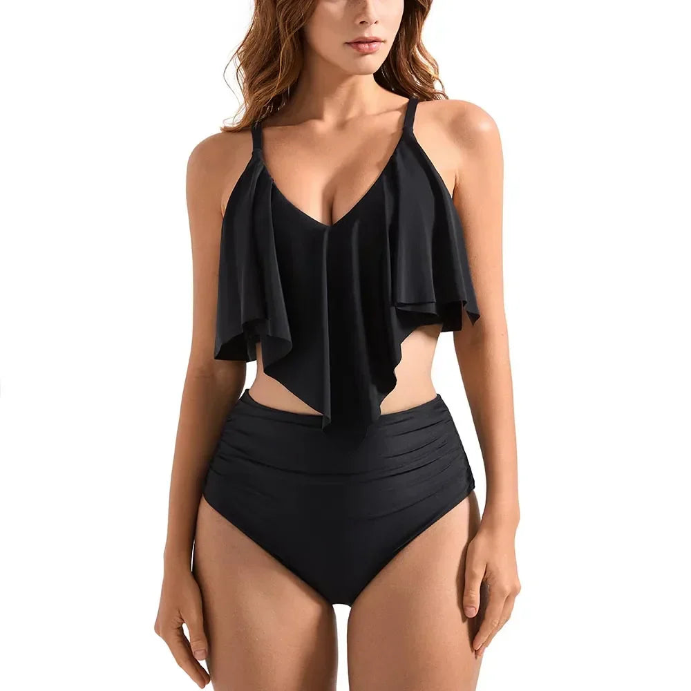 Modern women's high-waisted ruffle bikini, two-piece swimsuit, ideal flattering beachwear.
