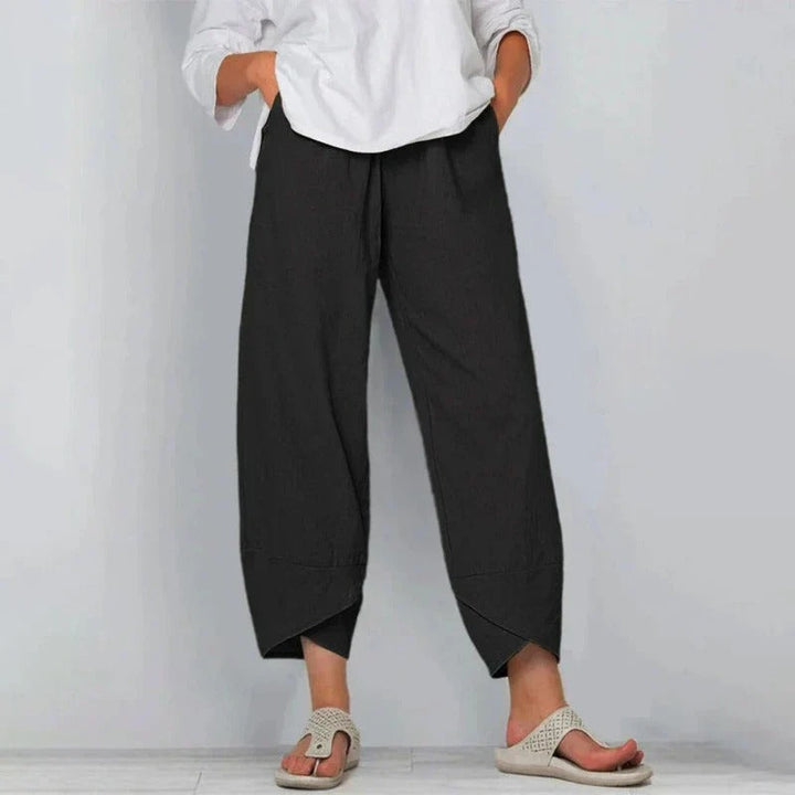 Model wearing women's relaxed high-waisted wide-leg casual pants in a versatile shade, great for everyday comfort.
