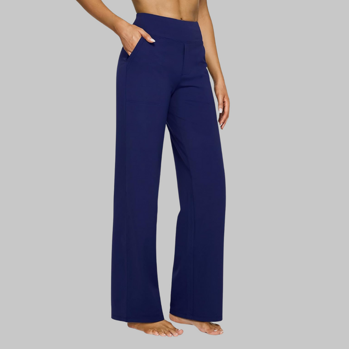 Comfortable high-waisted wide-leg women's pants with side pockets, great for a relaxed yet chic look.