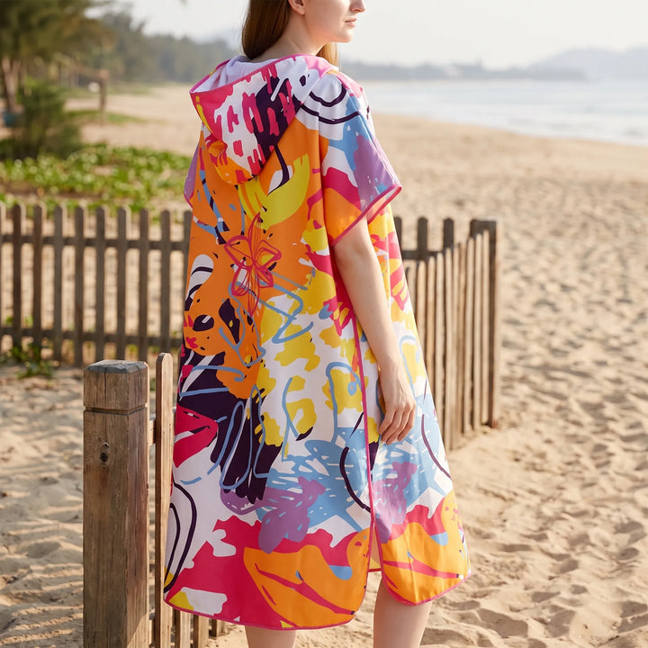 Abstract print women's hooded beach towel poncho, quick-dry changing robe. Perfect swim cover-up for pool & travel.