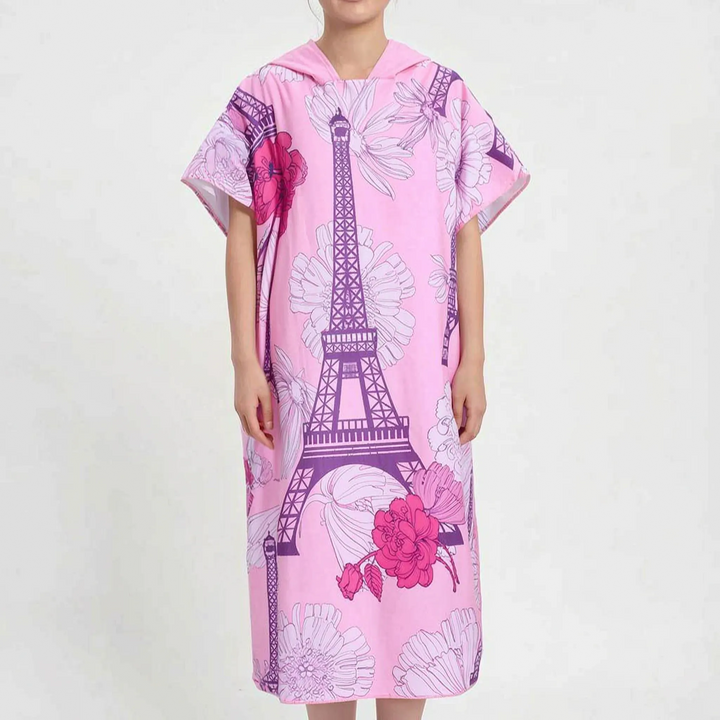 Women's tropical print hooded changing robe, offering privacy and warmth as a swim cover-up or beach towel.