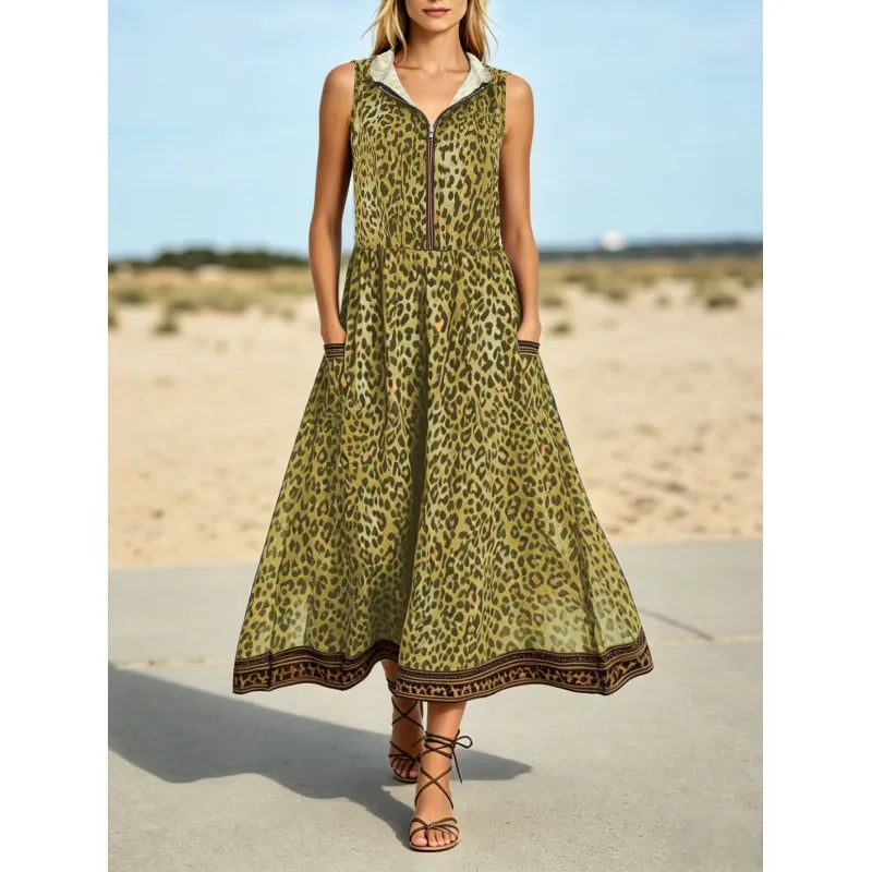 Women's hooded leopard print maxi dress with a front zipper, perfect for casual summer style.