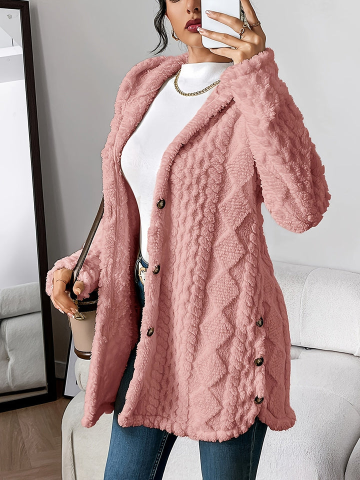 Modern women's hooded long coat, versatile casual style with unique button detailing.