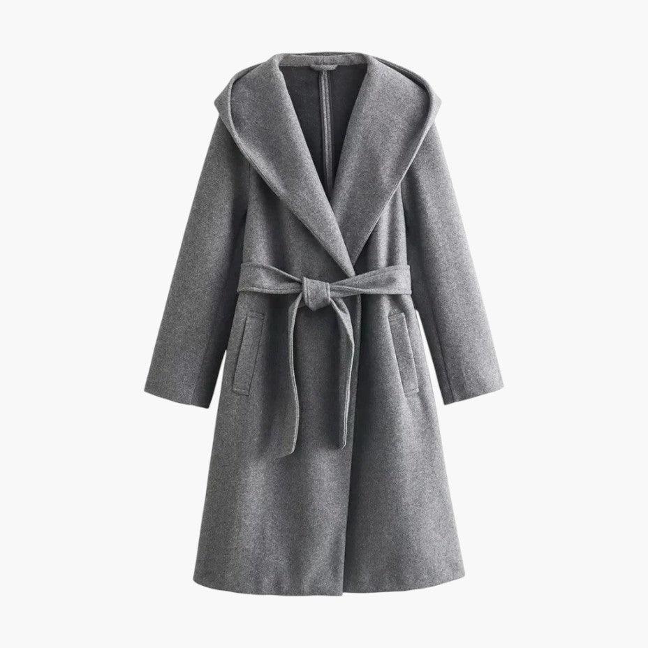Women's hooded trench coat, belted, elegant & weather-ready outerwear.