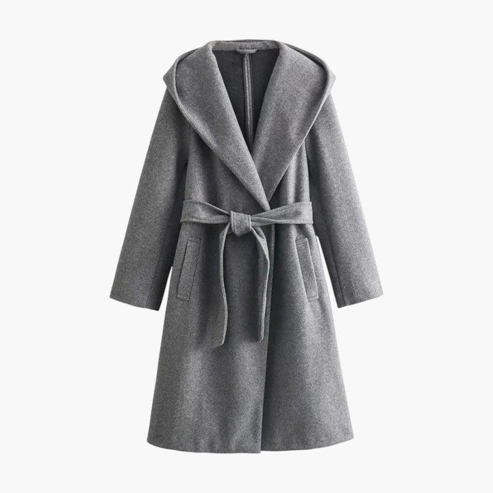 Women's hooded trench coat, belted, elegant & weather-ready outerwear.