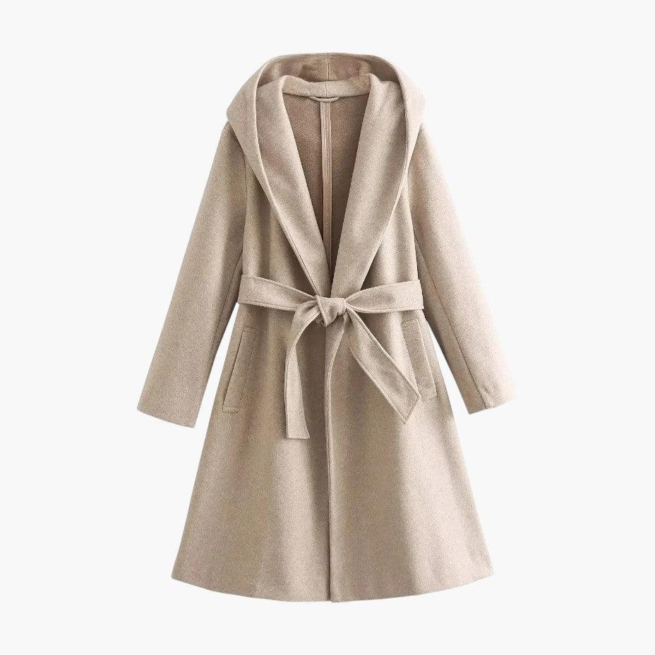 Weather-ready women's hooded trench coat, ideal as a stylish rain jacket & long outerwear.