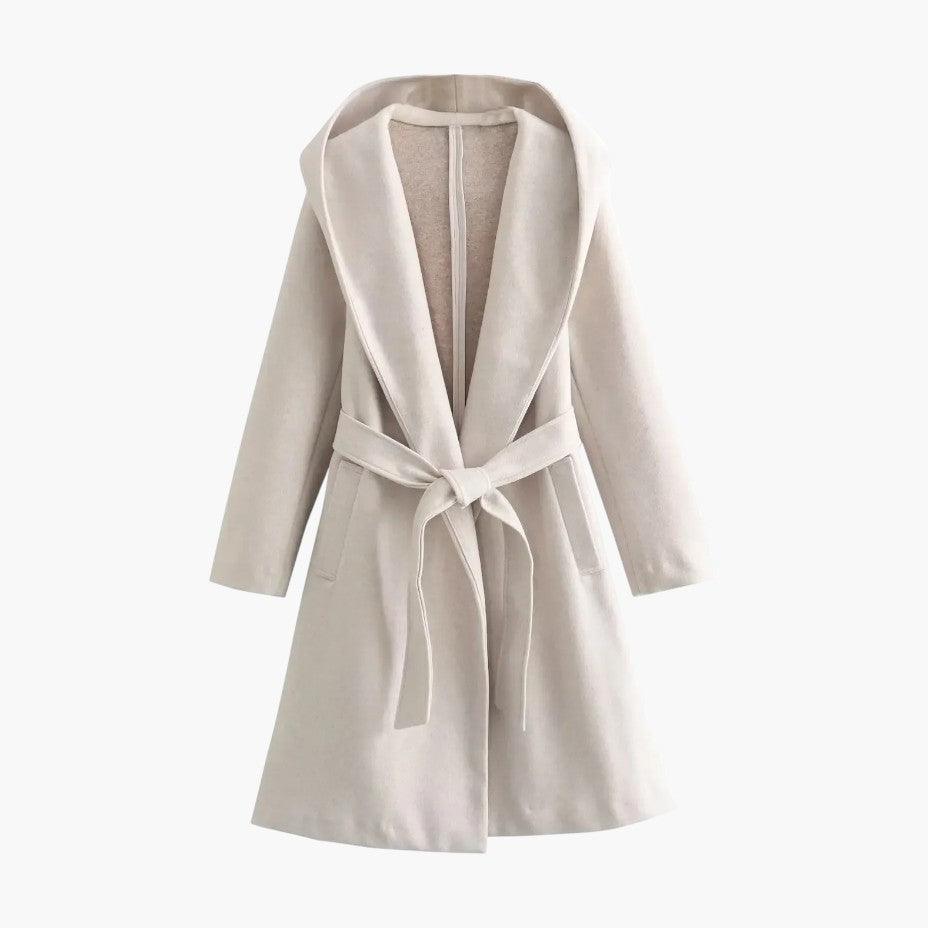 Casual women's long trench coat with hood & belt, perfect everyday stylish outerwear.