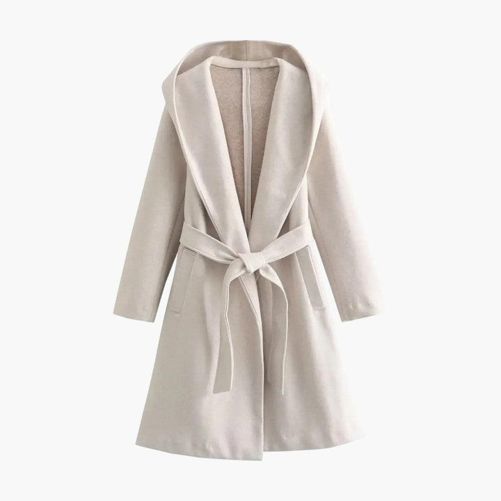 Casual women's long trench coat with hood & belt, perfect everyday stylish outerwear.