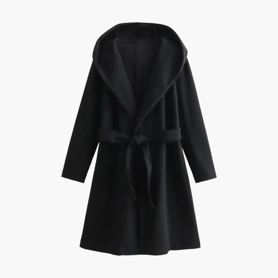 Chic women's hooded trench coat, a sophisticated long outerwear option for all seasons.