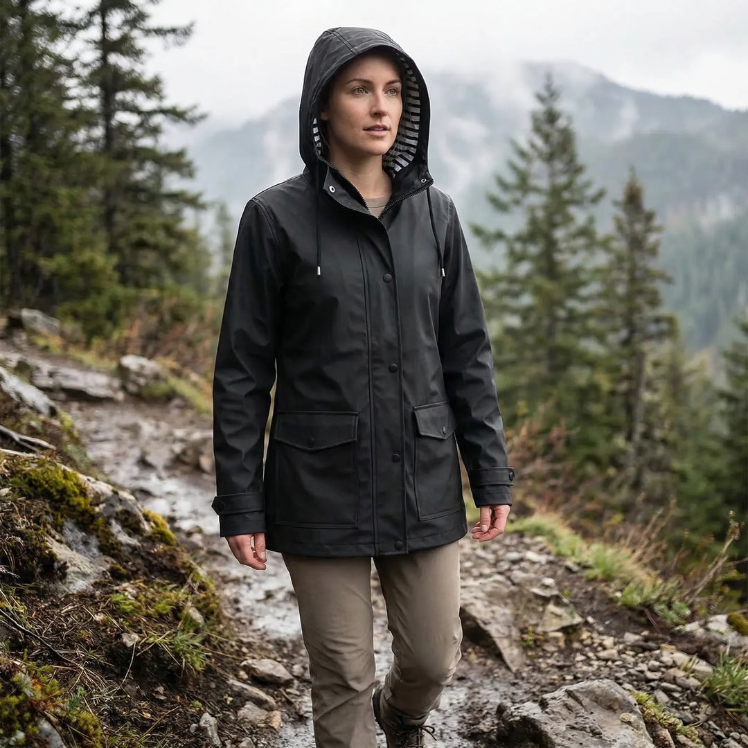 Women's hooded waterproof rain jacket for outdoor adventure. Lightweight, all-weather hiking gear.