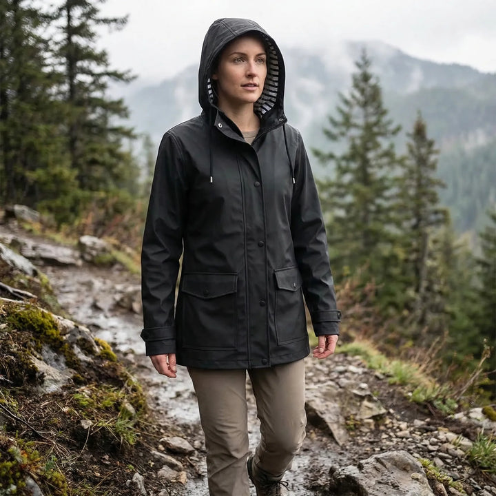 Women's hooded waterproof rain jacket for outdoor adventure. Lightweight, all-weather hiking gear.