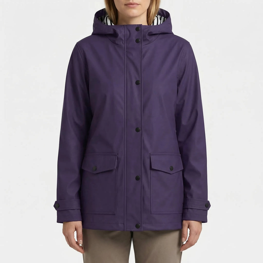 Back view of women's hooded waterproof outdoor rain jacket. Designed for hiking & all-weather adventure.