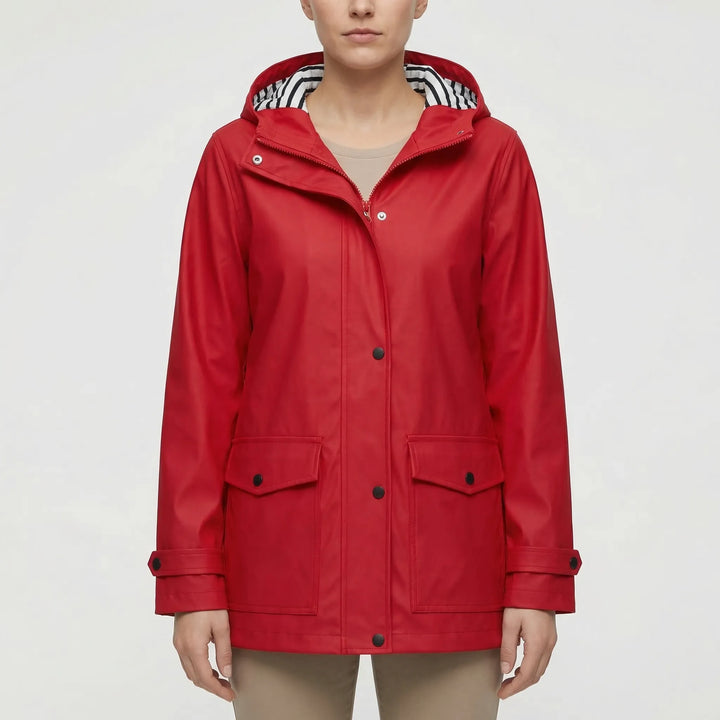 Women's hooded waterproof rain jacket, front view. Lightweight, breathable outdoor gear for adventure.