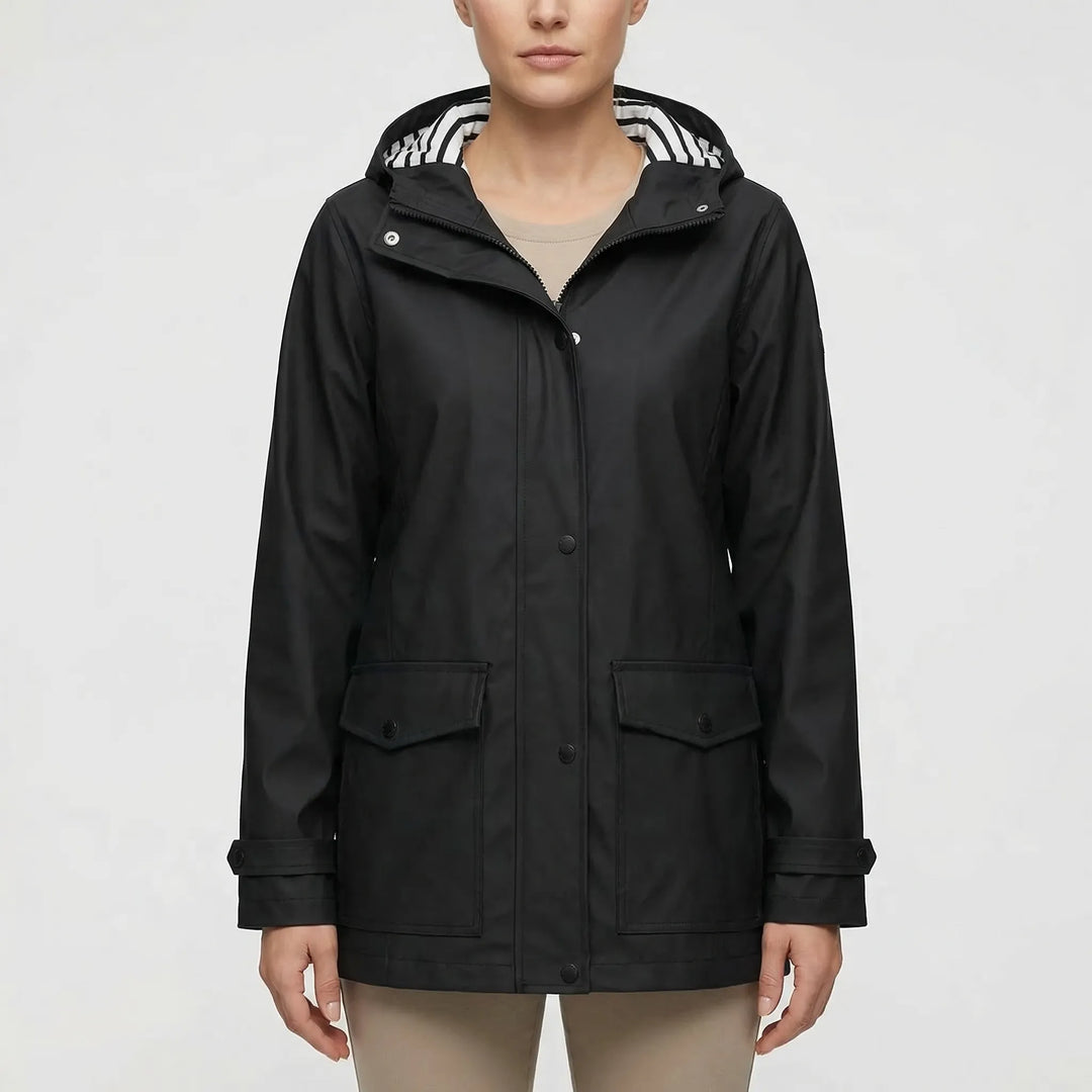 Lightweight women's waterproof outdoor jacket. Hooded, comfortable rain gear for travel & activewear.