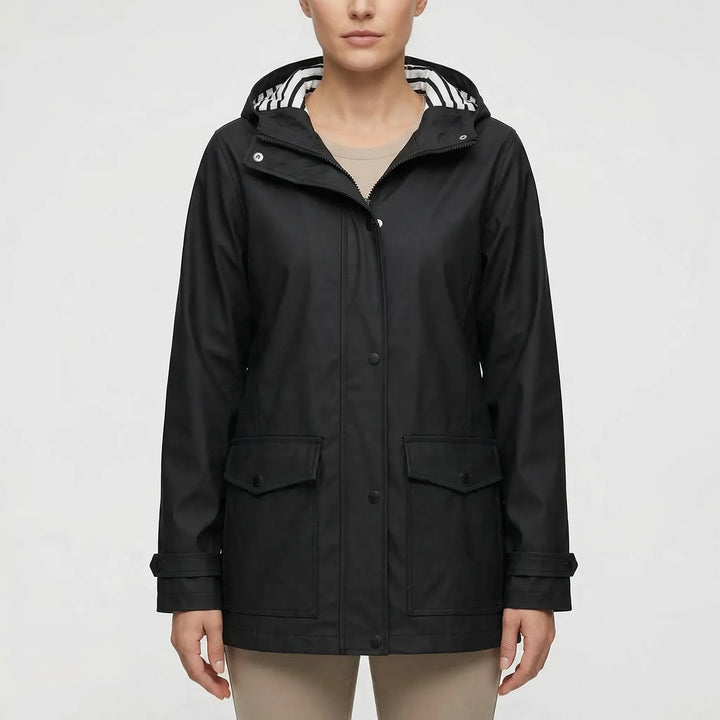 Lightweight women's waterproof outdoor jacket. Hooded, comfortable rain gear for travel & activewear.