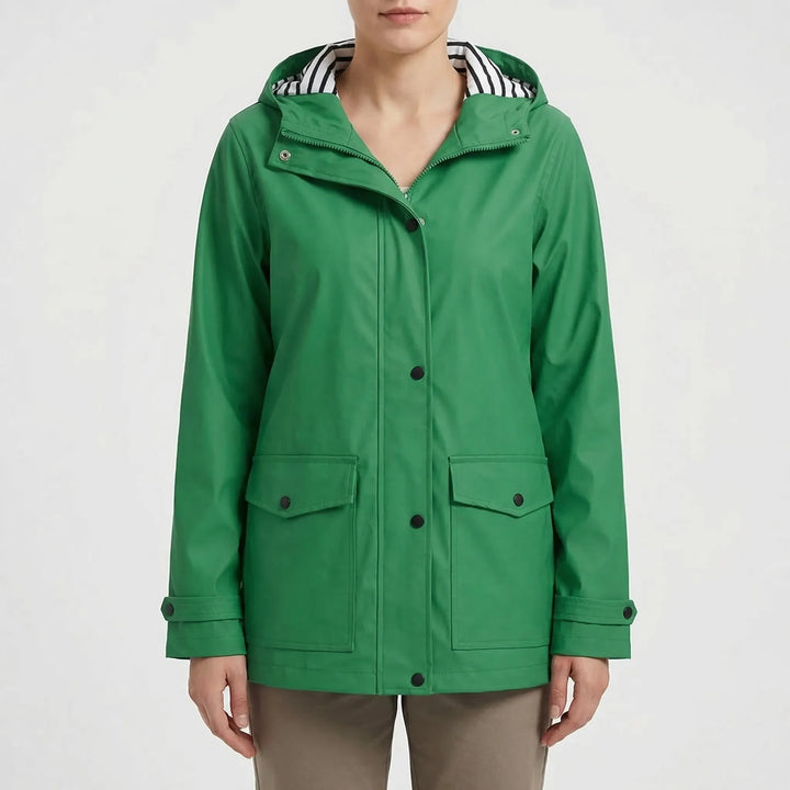 All-weather waterproof rain jacket for women. Durable hooded outdoor gear for hiking & travel.