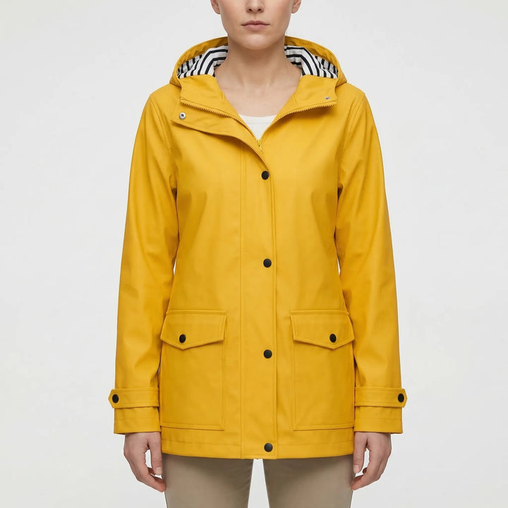 Full length women's longline hooded waterproof rain jacket. Outdoor adventure & activewear.