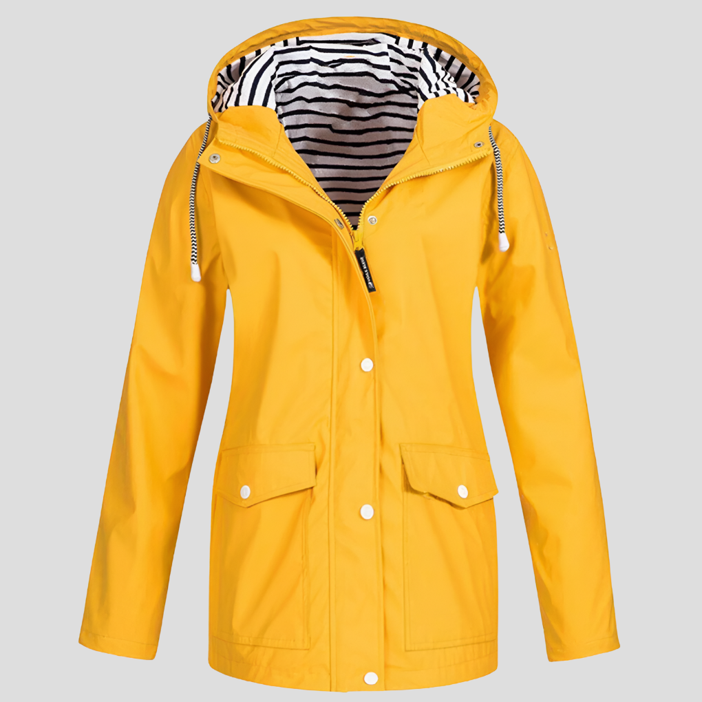 Women's hooded waterproof windbreaker jacket for all-weather protection. Lightweight & perfect for outdoor adventures.