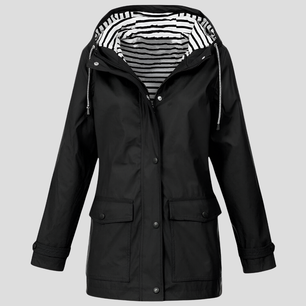 Women's lightweight rain jacket with hood, ideal for spring & fall travel. Waterproof windbreaker for outdoor wear.