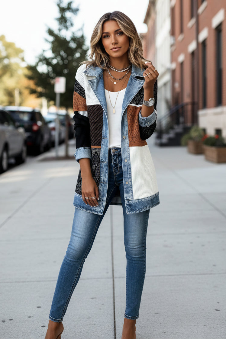 Stylish women's hybrid jacket with modern contrast panels, offering versatile outerwear for any season.