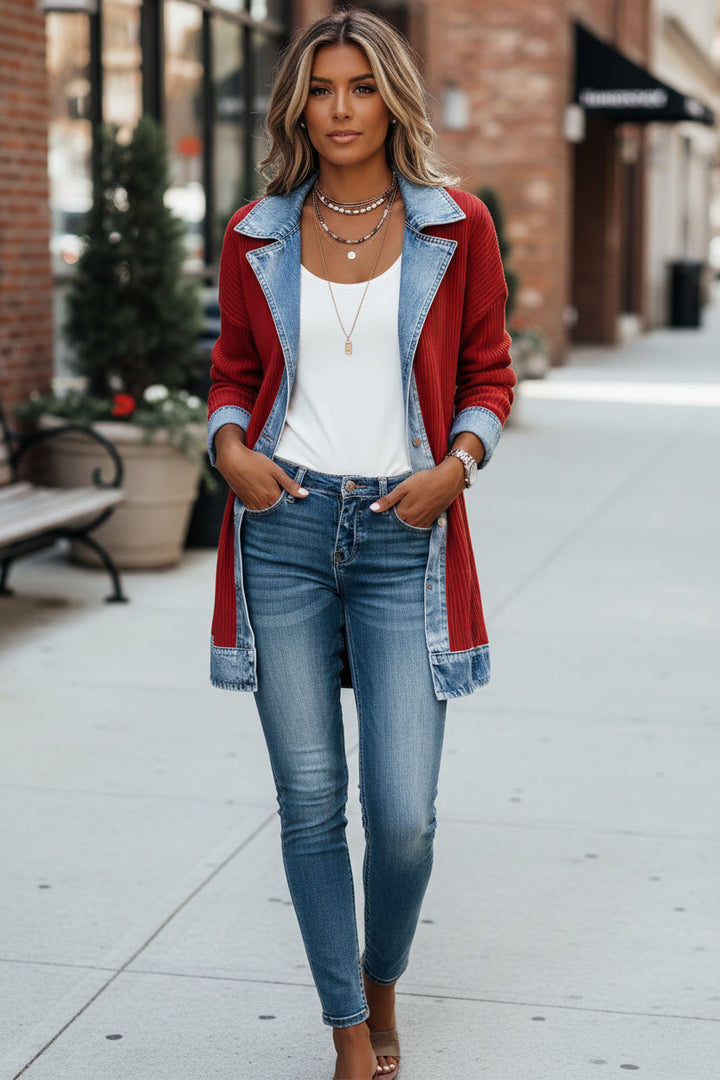 Fashionable women's hybrid jacket with sleek contrast panels, a comfortable and chic option for casual wear.