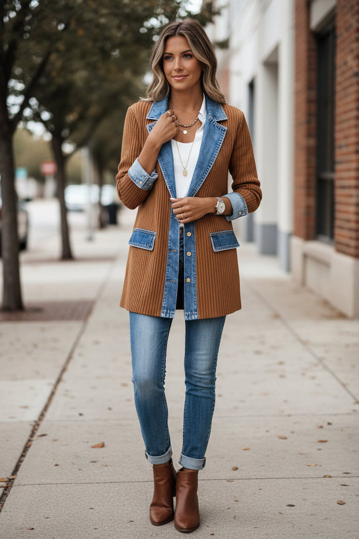Elegant women's hybrid jacket showcasing bold contrast panel styling, great for a modern, layered look.