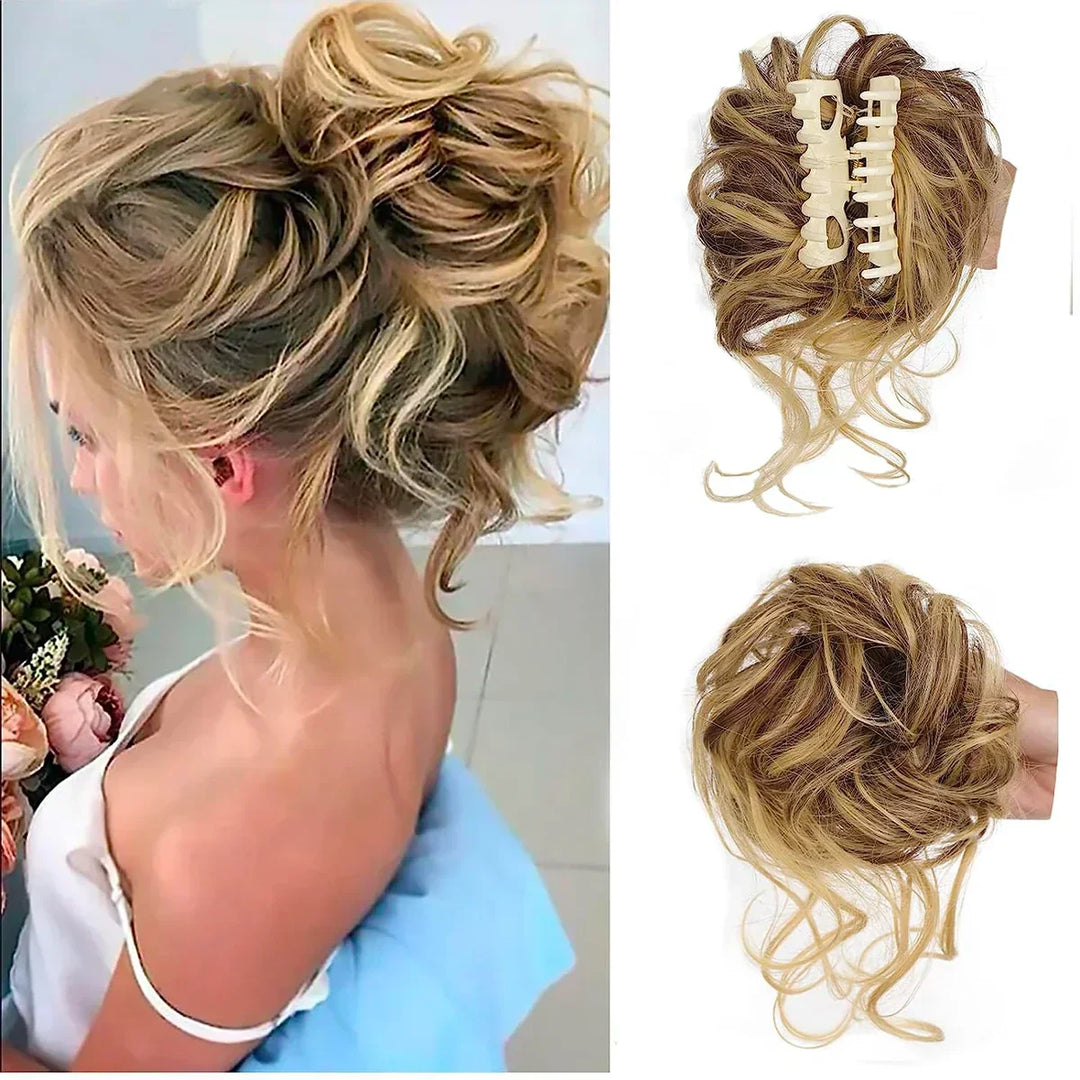 Women's instant messy bun hair clip with voluminous curly hair extension.